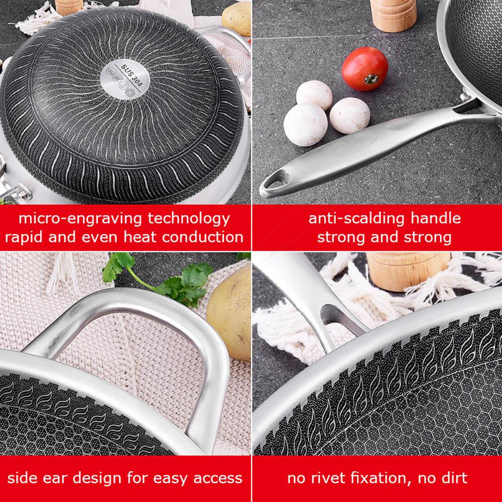 Skillets & Frying Pans: 32cm 304 Stainless Steel Non-Stick Stir Fry Cooking Kitchen Honeycomb Wok Pan with Lid