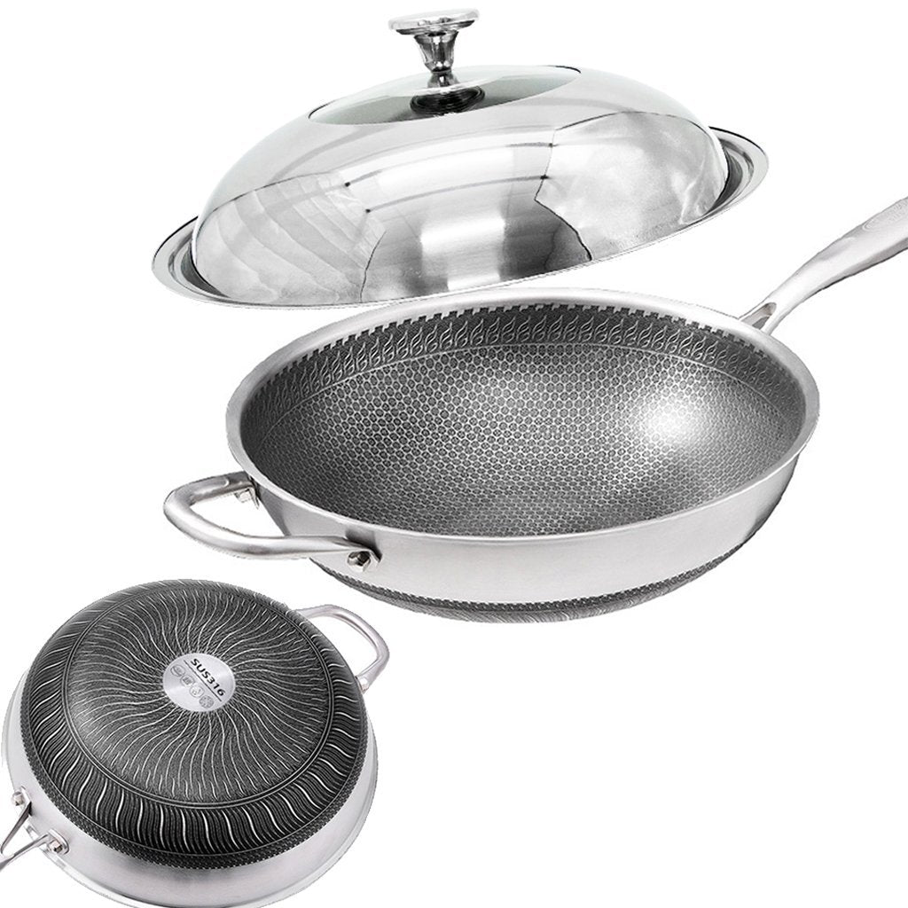Skillets & Frying Pans: 32cm 316 Stainless Steel Non-Stick Stir Fry Cooking Kitchen Wok Pan with Lid Honeycomb Double Sided