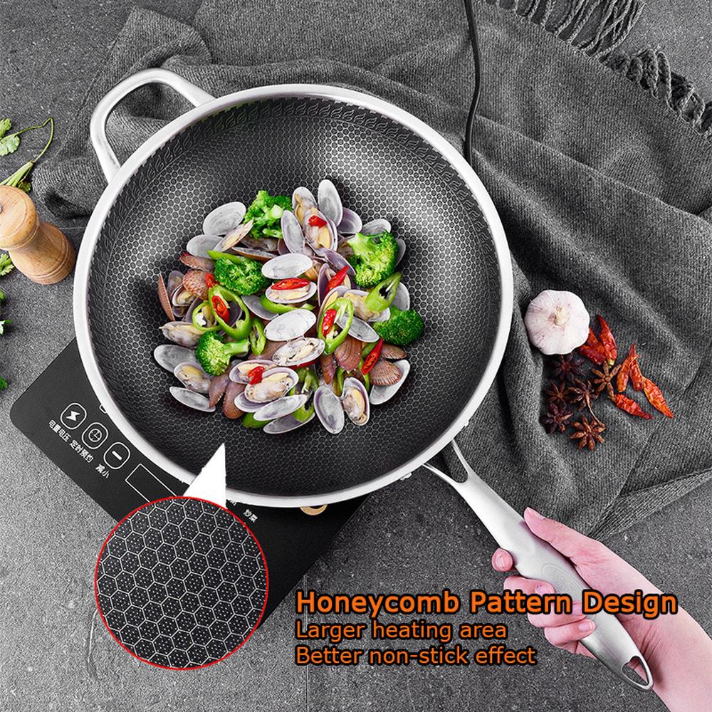Skillets & Frying Pans: 316 Stainless Steel 34cm Non-Stick Stir Fry Cooking Kitchen Wok Pan without Lid Honeycomb Double Sided