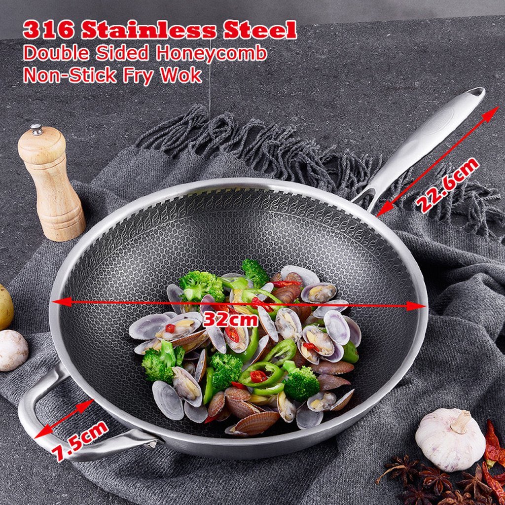 Skillets & Frying Pans: 316 Stainless Steel 34cm Non-Stick Stir Fry Cooking Kitchen Wok Pan without Lid Honeycomb Double Sided