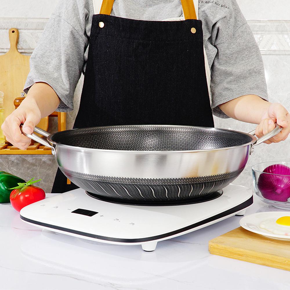 Kitchen & Bathroom DIY: 304 Stainless Steel 34cm Non-Stick Stir Fry Cooking Double Ear Kitchen Wok Pan with Lid Honeycomb Double Sided