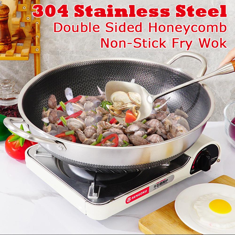 Skillets & Frying Pans: 36cm 316 Stainless Steel Non-Stick Stir Fry Cooking Kitchen Wok Pan with Lid Honeycomb Double Sided