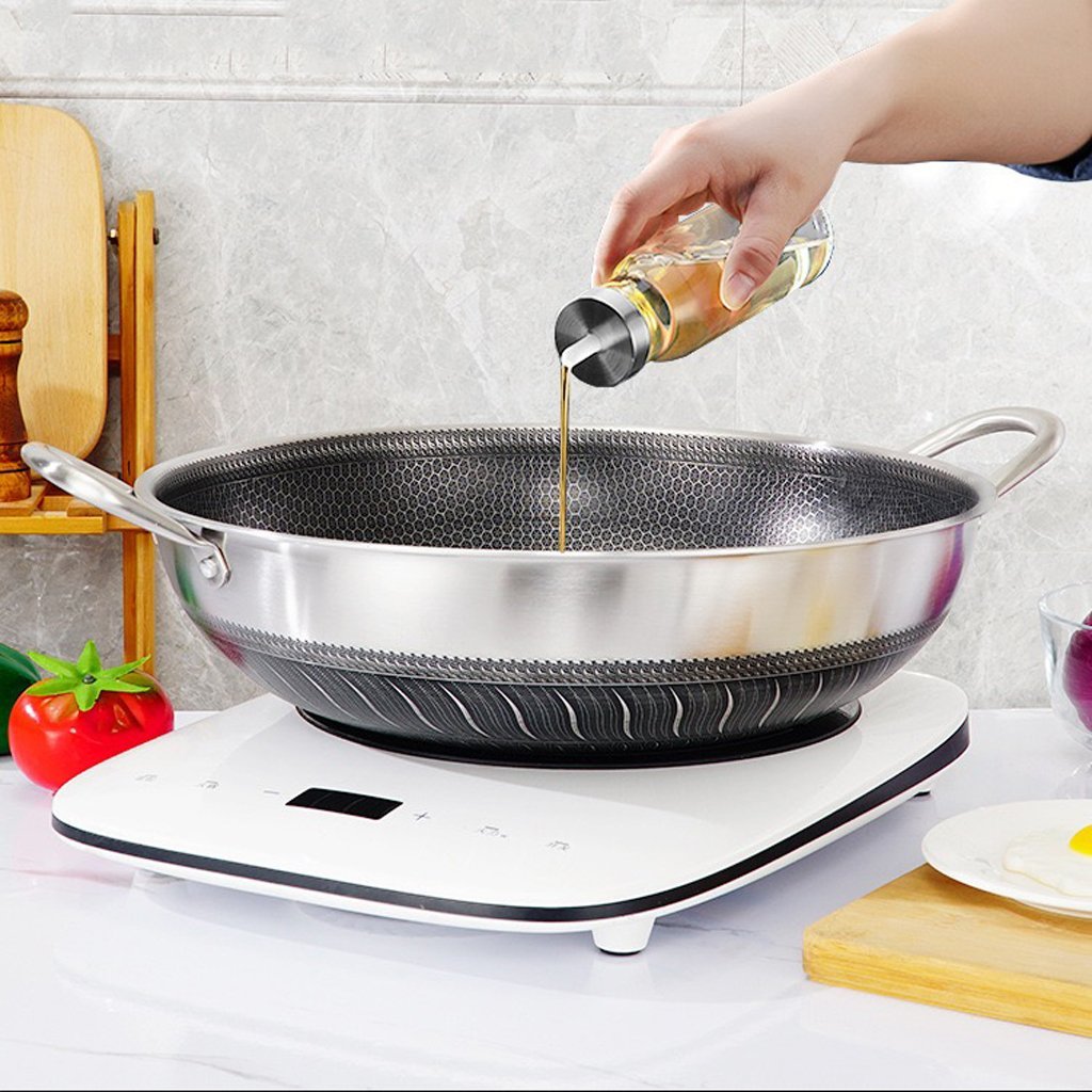 Skillets & Frying Pans: 316 Stainless Steel 38cm Double Ear Non-Stick Stir Fry Cooking Kitchen Wok Pan without Lid Honeycomb Double Sided No Lid