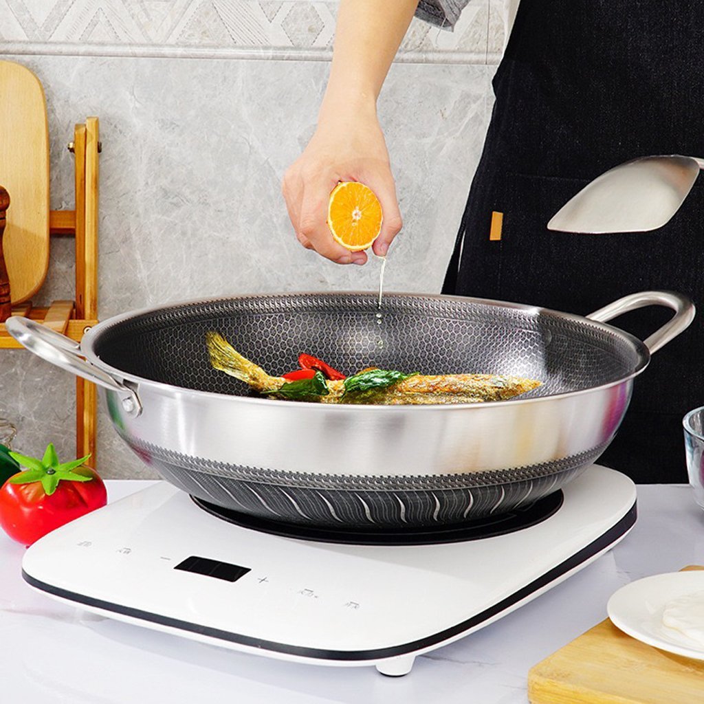 Audio Accessories: Double Ear 304 Stainless Steel 38cm Non-Stick Stir Fry Cooking Kitchen Wok Pan with Lid Honeycomb Double Sided