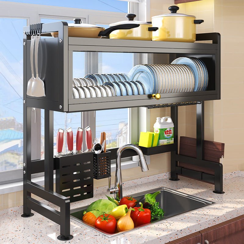 Kitchen & Bathroom DIY: 85cm Double Tier Enclosed Dish Drying Rack Holder Drain caddy Kitchen Drainer Storage Over Sink Organiser Storage