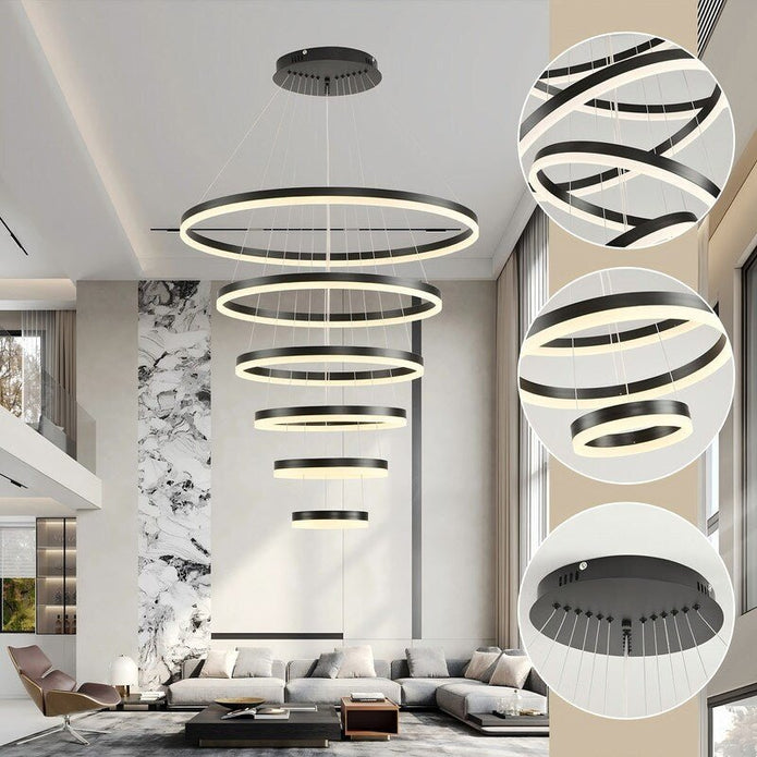 Ceiling Lights: BAMDECOR A18815 Nordic Home Decor Dining Room Pendant lamp lights Ceiling Lamp Hanging Light Chandelier Lamps (6 Rings-Black)