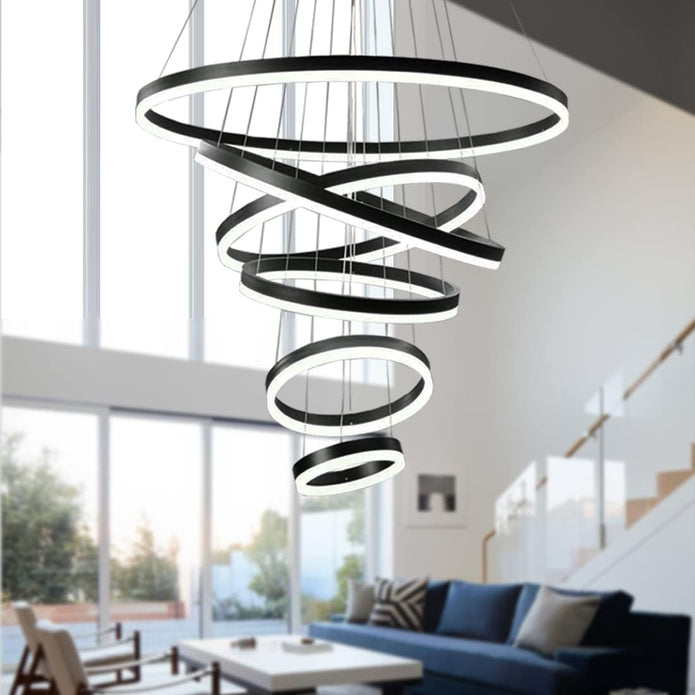 Ceiling Lights: BAMDECOR A18815 Nordic Home Decor Dining Room Pendant lamp lights Ceiling Lamp Hanging Light Chandelier Lamps (6 Rings-Black)