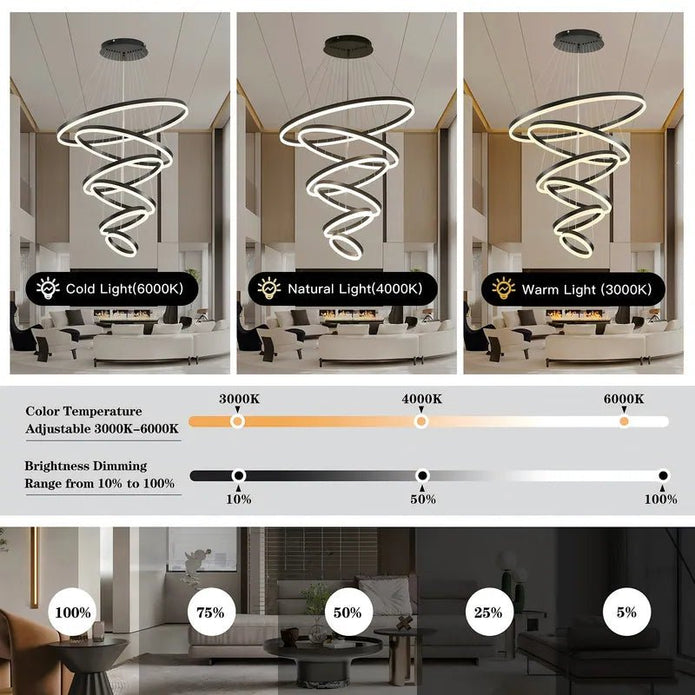Ceiling Lights: BAMDECOR A18815 Nordic Home Decor Dining Room Pendant lamp lights Ceiling Lamp Hanging Light Chandelier Lamps (6 Rings-Black)