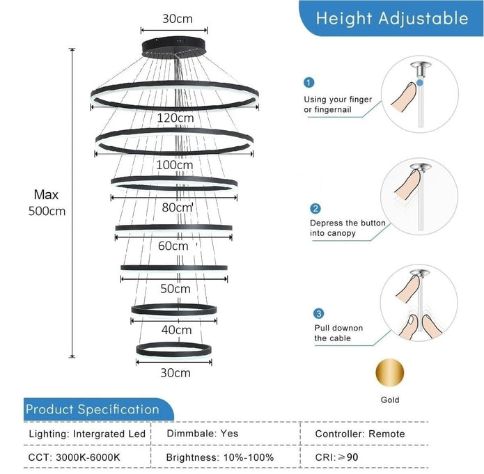 Ceiling Lights: BAMDECOR A18815 Nordic Home Decor Dining Room Pendant lamp lights Ceiling Lamp Hanging Light Chandelier Lamps (7 Rings-Black)