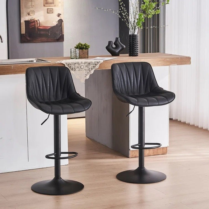 Table & Bar Stools: SERENITà Black Modern Height Adjustable Swivel Bar Stools Upholstered Leather Barstool Kitchen Island Chairs with Metal Frame (Set of 2)