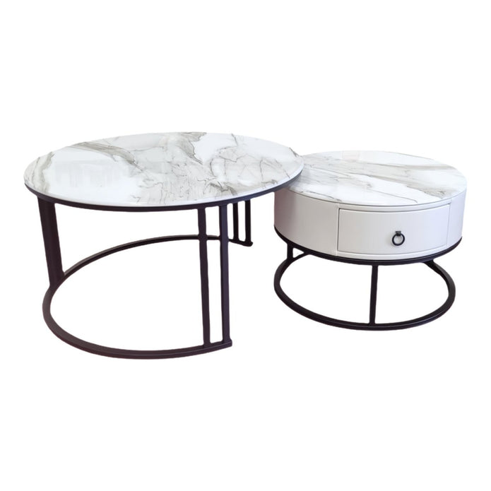 Coffee Tables: Snowy Mountain Faux Modern Marble Slate Nesting Coffee Table Set Leather Wrapped Wood Drawers