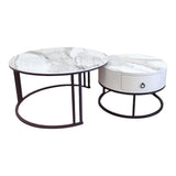 Coffee Tables: Snowy Mountain Faux Modern Marble Slate Nesting Coffee Table Set Leather Wrapped Wood Drawers