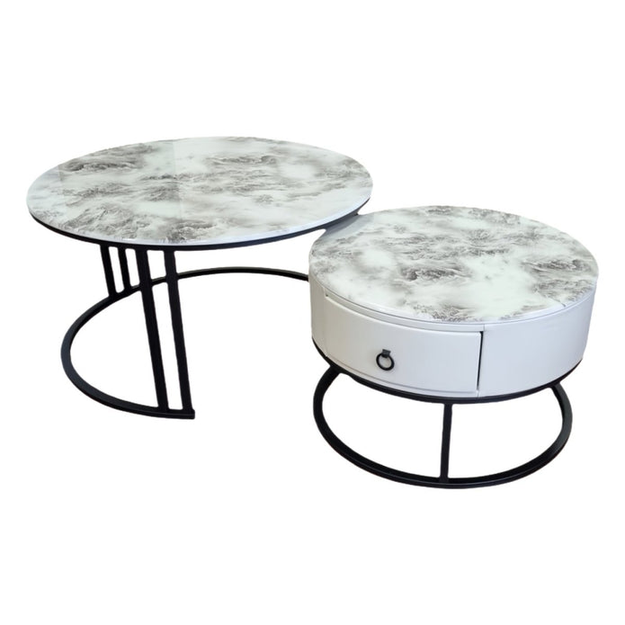 Coffee Tables: Snowy Mountain Faux Modern Marble Slate Nesting Coffee Table Set Leather Wrapped Wood Drawers