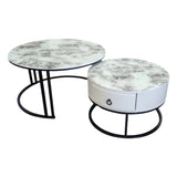 Coffee Tables: Snowy Mountain Faux Modern Marble Slate Nesting Coffee Table Set Leather Wrapped Wood Drawers