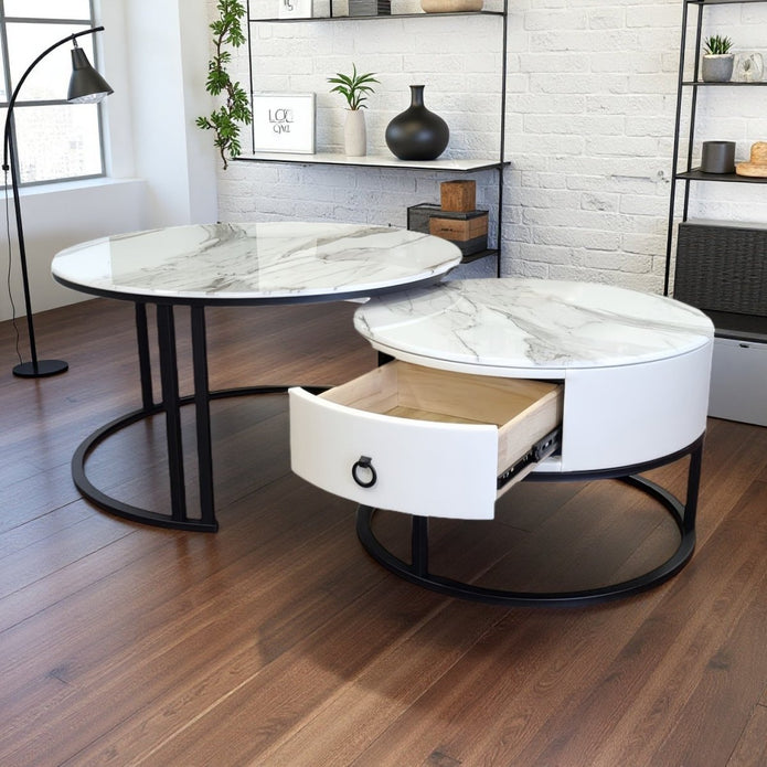 Coffee Tables: Snowy Mountain Faux Modern Marble Slate Nesting Coffee Table Set Leather Wrapped Wood Drawers