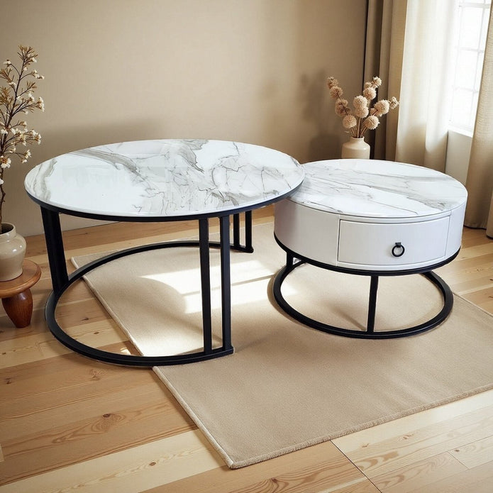 Coffee Tables: Snowy Mountain Faux Modern Marble Slate Nesting Coffee Table Set Leather Wrapped Wood Drawers
