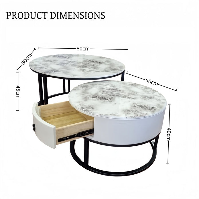 Coffee Tables: Snowy Mountain Faux Modern Marble Slate Nesting Coffee Table Set Leather Wrapped Wood Drawers