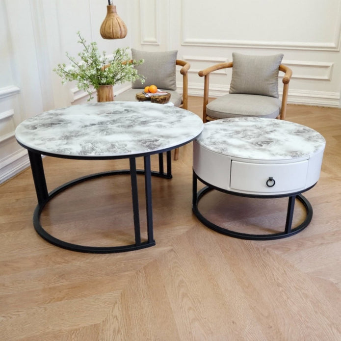 Coffee Tables: Snowy Mountain Faux Modern Marble Slate Nesting Coffee Table Set Leather Wrapped Wood Drawers