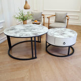 Coffee Tables: Snowy Mountain Faux Modern Marble Slate Nesting Coffee Table Set Leather Wrapped Wood Drawers