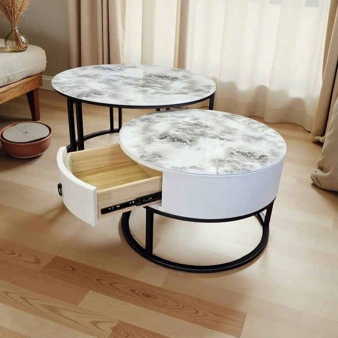 Coffee Tables: Snowy Mountain Faux Modern Marble Slate Nesting Coffee Table Set Leather Wrapped Wood Drawers