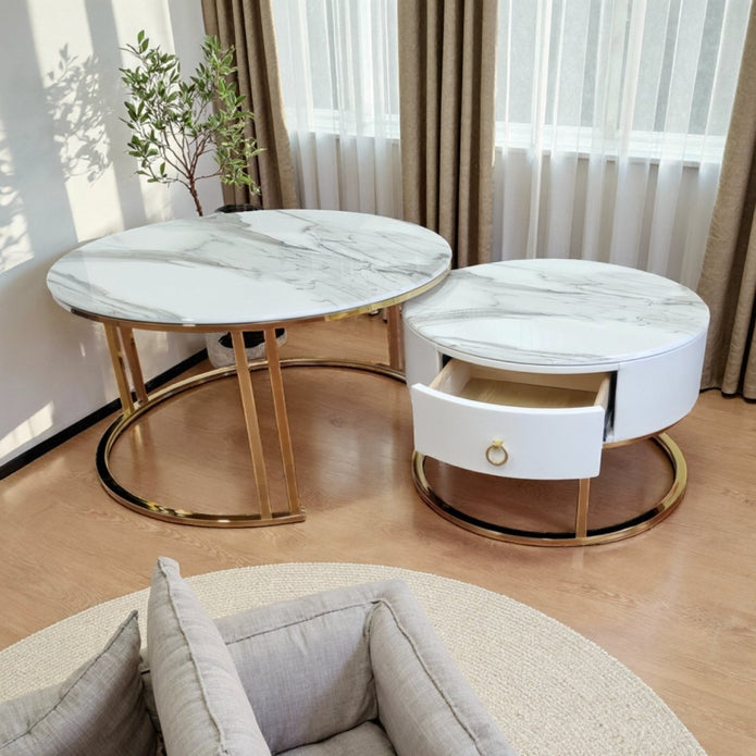 Coffee Tables: Snowy Mountain Faux Modern Marble Slate Nesting Coffee Table Set Leather Wrapped Wood Drawers