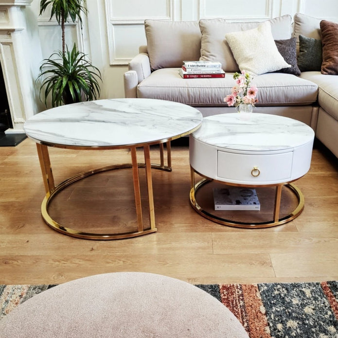 Coffee Tables: Snowy Mountain Faux Modern Marble Slate Nesting Coffee Table Set Leather Wrapped Wood Drawers