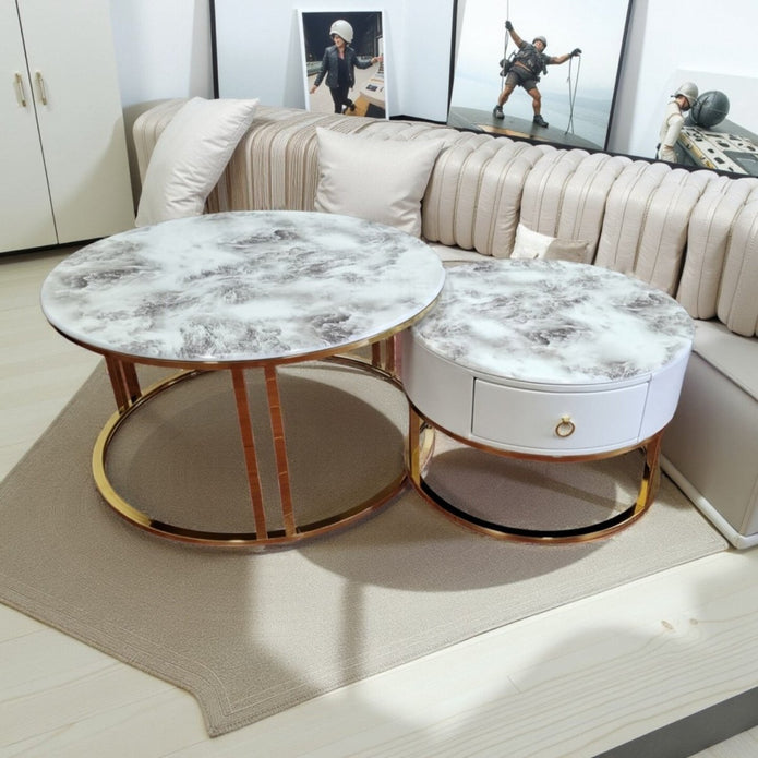Coffee Tables: Snowy Mountain Faux Modern Marble Slate Nesting Coffee Table Set Leather Wrapped Wood Drawers