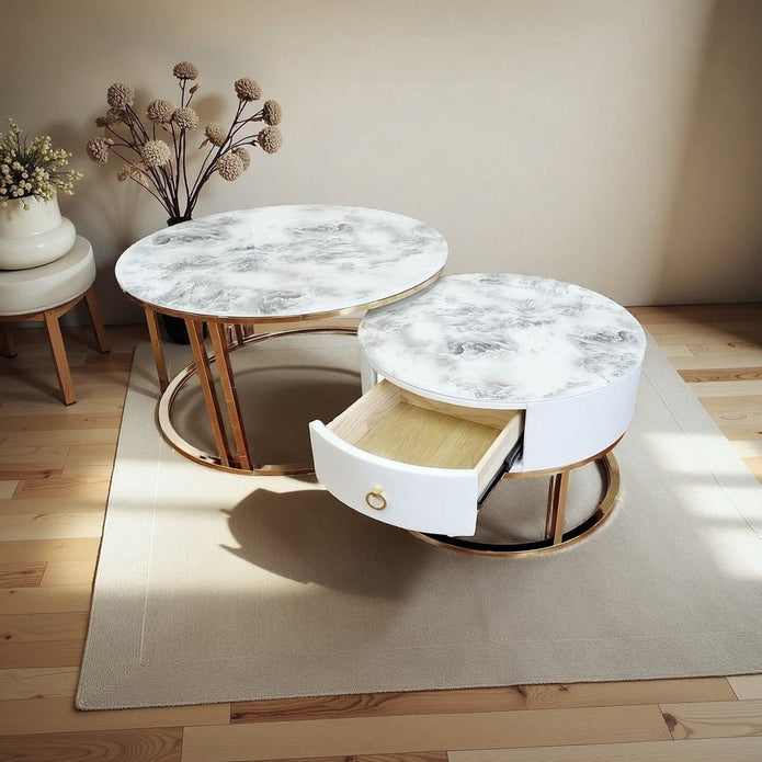 Coffee Tables: Snowy Mountain Faux Modern Marble Slate Nesting Coffee Table Set Leather Wrapped Wood Drawers