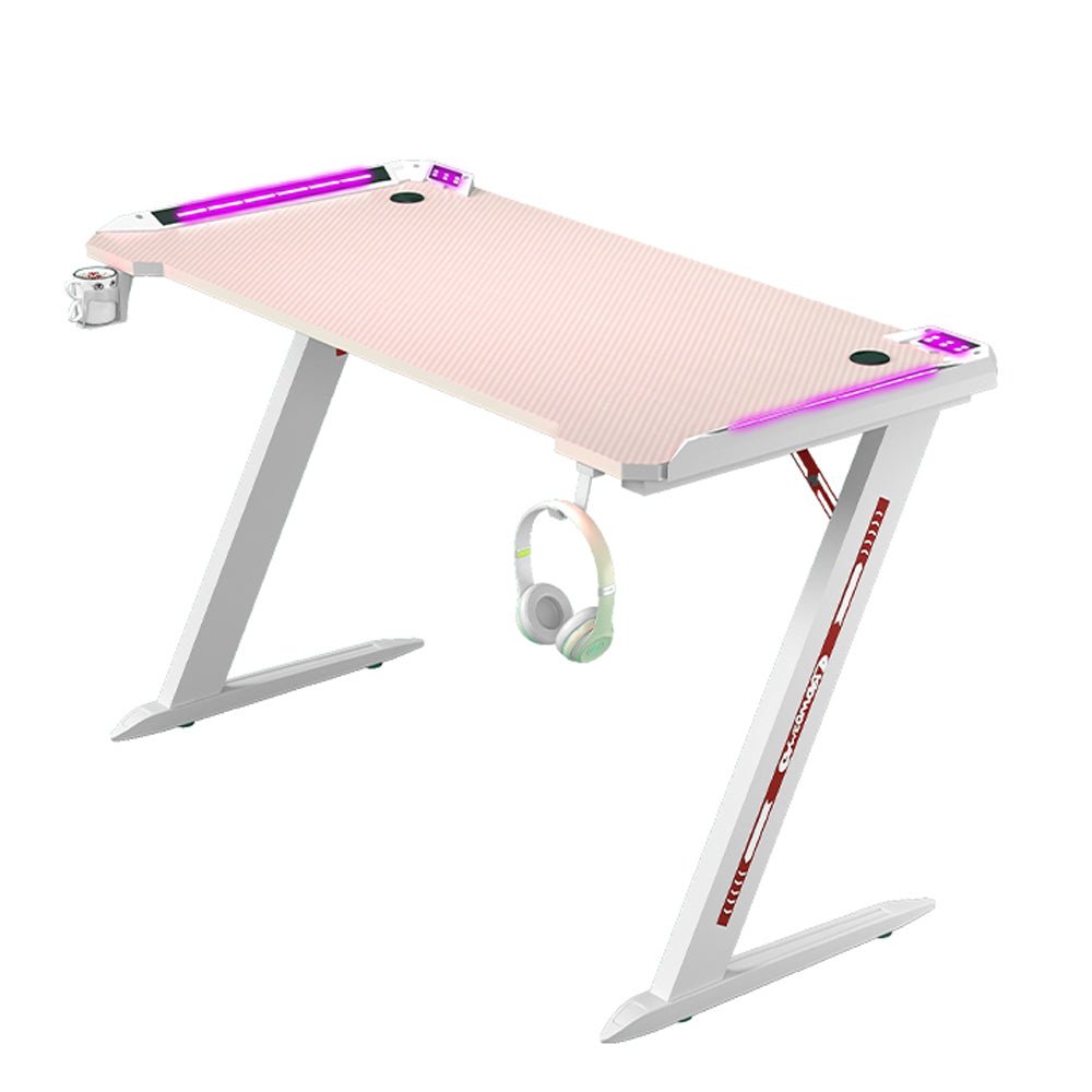 Desks: 120cm RGB Gaming Desk Home Office Carbon Fiber Led Lights Game Racer Computer PC Table Z-Shaped Pink