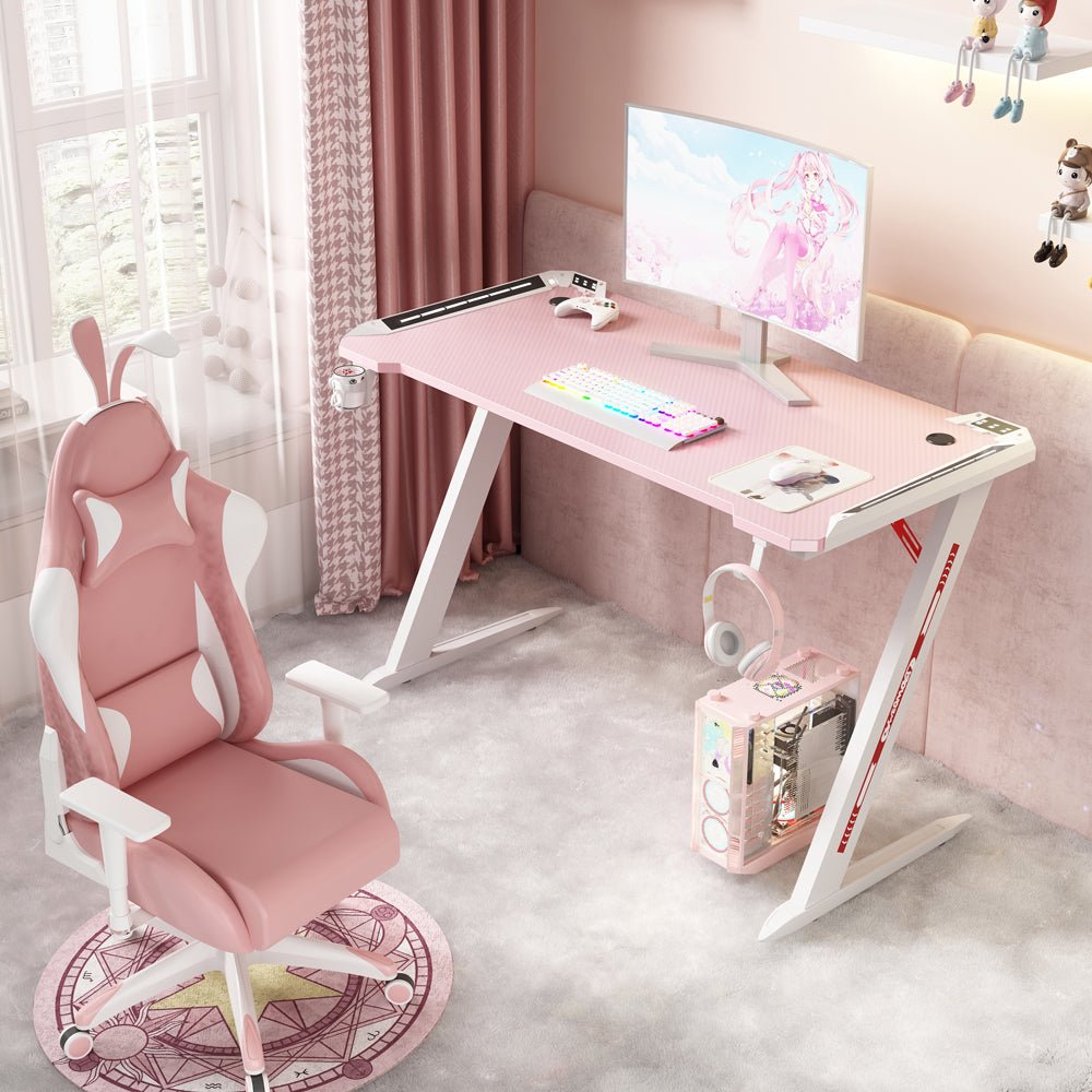 Desks: 120cm RGB Gaming Desk Home Office Carbon Fiber Led Lights Game Racer Computer PC Table Z-Shaped Pink