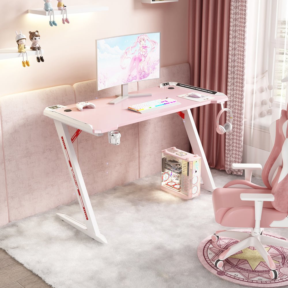 Desks: 120cm RGB Gaming Desk Home Office Carbon Fiber Led Lights Game Racer Computer PC Table Z-Shaped Pink