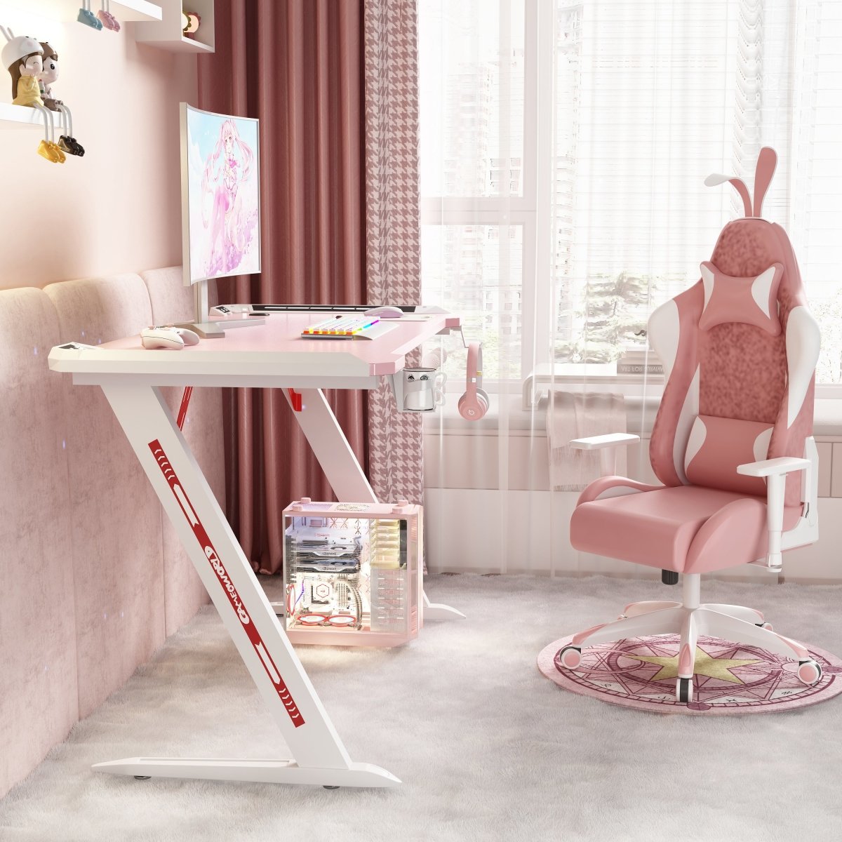 Desks: 140cm RGB Gaming Desk Home Office Carbon Fiber Led Lights Game Racer Computer PC Table Z-Shaped Pink