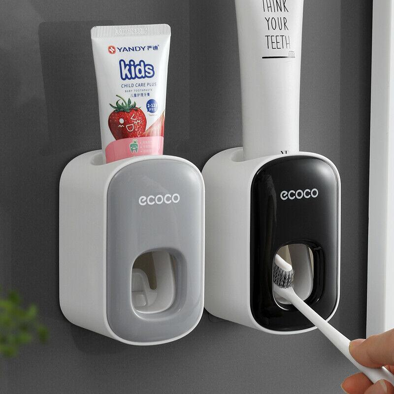 Toothbrush Holders: Ecoco Wall mount auto ands Free Toothpaste Dispenser Automatic Toothpaste Squeezer Bathroom Toothpaste Holder Black