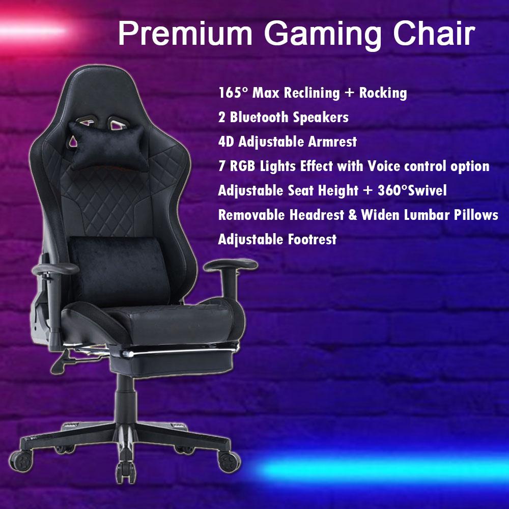 Gaming Chairs: 7 RGB Lights Bluetooth Speaker Gaming Chair Ergonomic Racing chair 165° Reclining Gaming Seat 4D Armrest Footrest Black