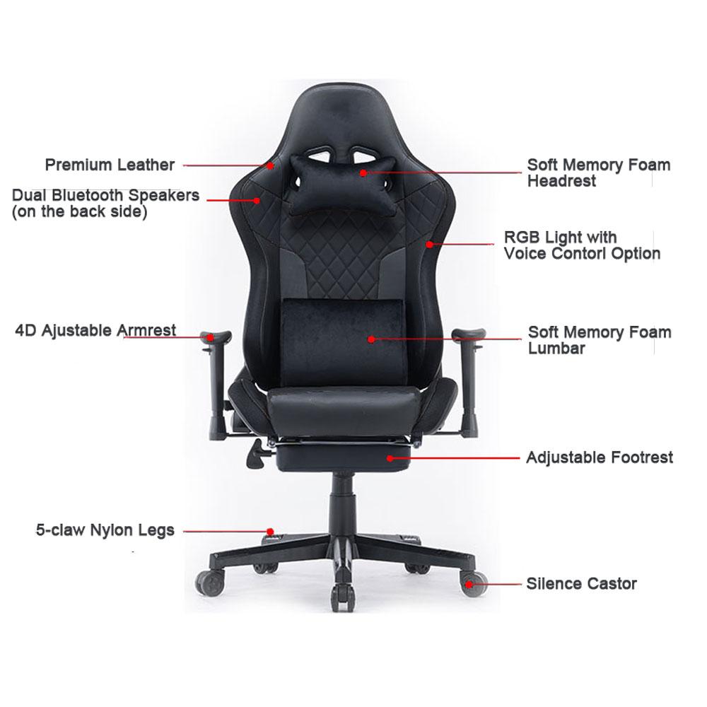 Gaming Chairs: 7 RGB Lights Bluetooth Speaker Gaming Chair Ergonomic Racing chair 165° Reclining Gaming Seat 4D Armrest Footrest Black