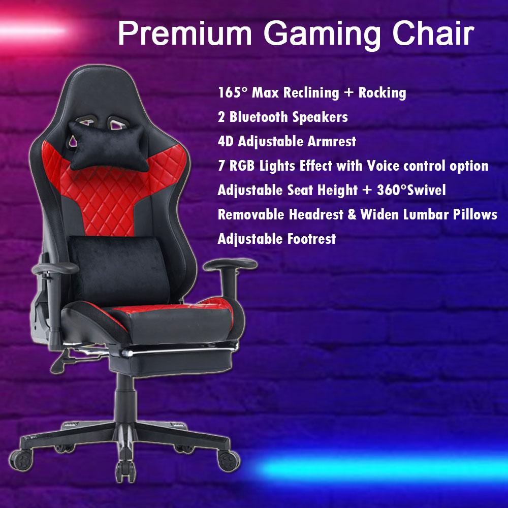 Gaming Chairs: 7 RGB Lights Bluetooth Speaker Gaming Chair Ergonomic Racing chair 165° Reclining Gaming Seat 4D Armrest Footrest Black