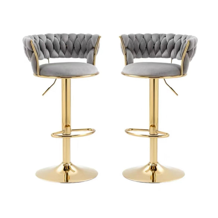 Table & Bar Stools: 2x Height Adjustable Swivel Bar Stool Velvet Golden Base Barstools Chairs Padded Seat- Grey
