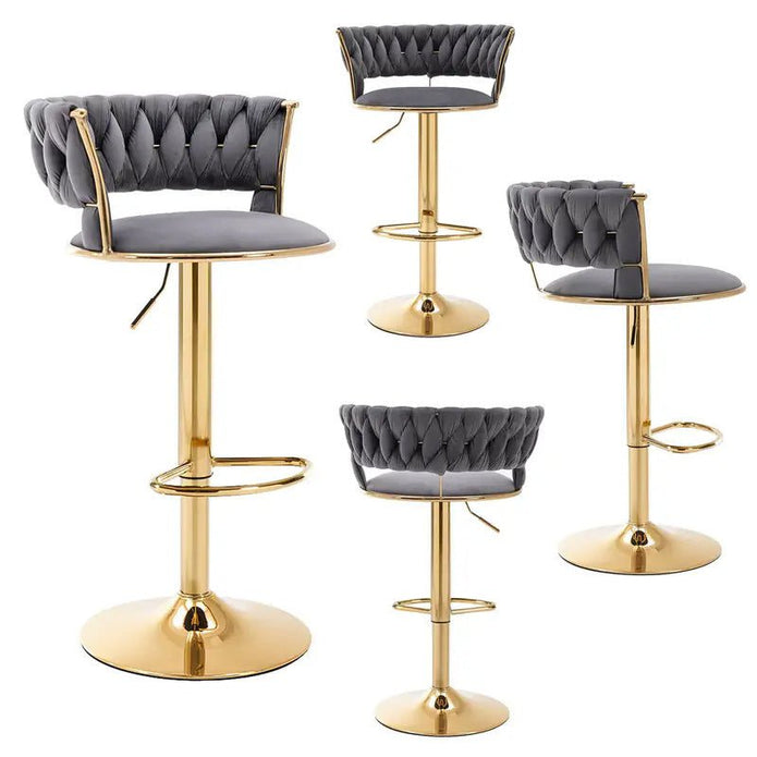 Table & Bar Stools: 2x Height Adjustable Swivel Bar Stool Velvet Golden Base Barstools Chairs Padded Seat- Grey