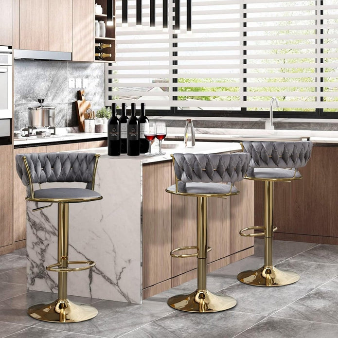 Table & Bar Stools: 2x Height Adjustable Swivel Bar Stool Velvet Golden Base Barstools Chairs Padded Seat- Grey