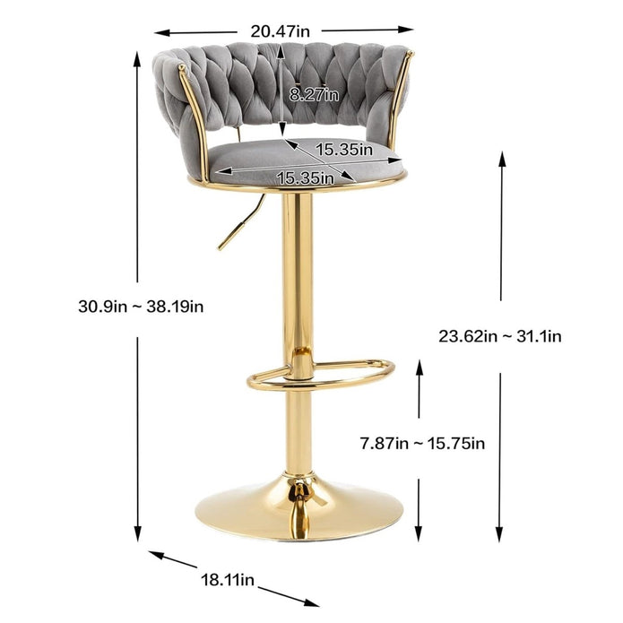 Table & Bar Stools: 2x Height Adjustable Swivel Bar Stool Velvet Golden Base Barstools Chairs Padded Seat- Grey