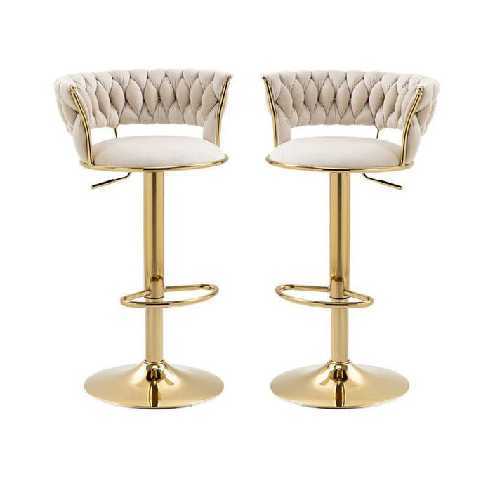 Table & Bar Stools: 2x Height Adjustable Swivel Bar Stool Velvet Golden Base Barstools Chairs Padded Seat- Beige