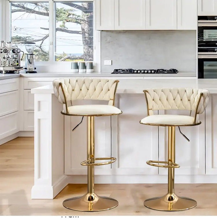 Table & Bar Stools: 2x Height Adjustable Swivel Bar Stool Velvet Golden Base Barstools Chairs Padded Seat- Beige