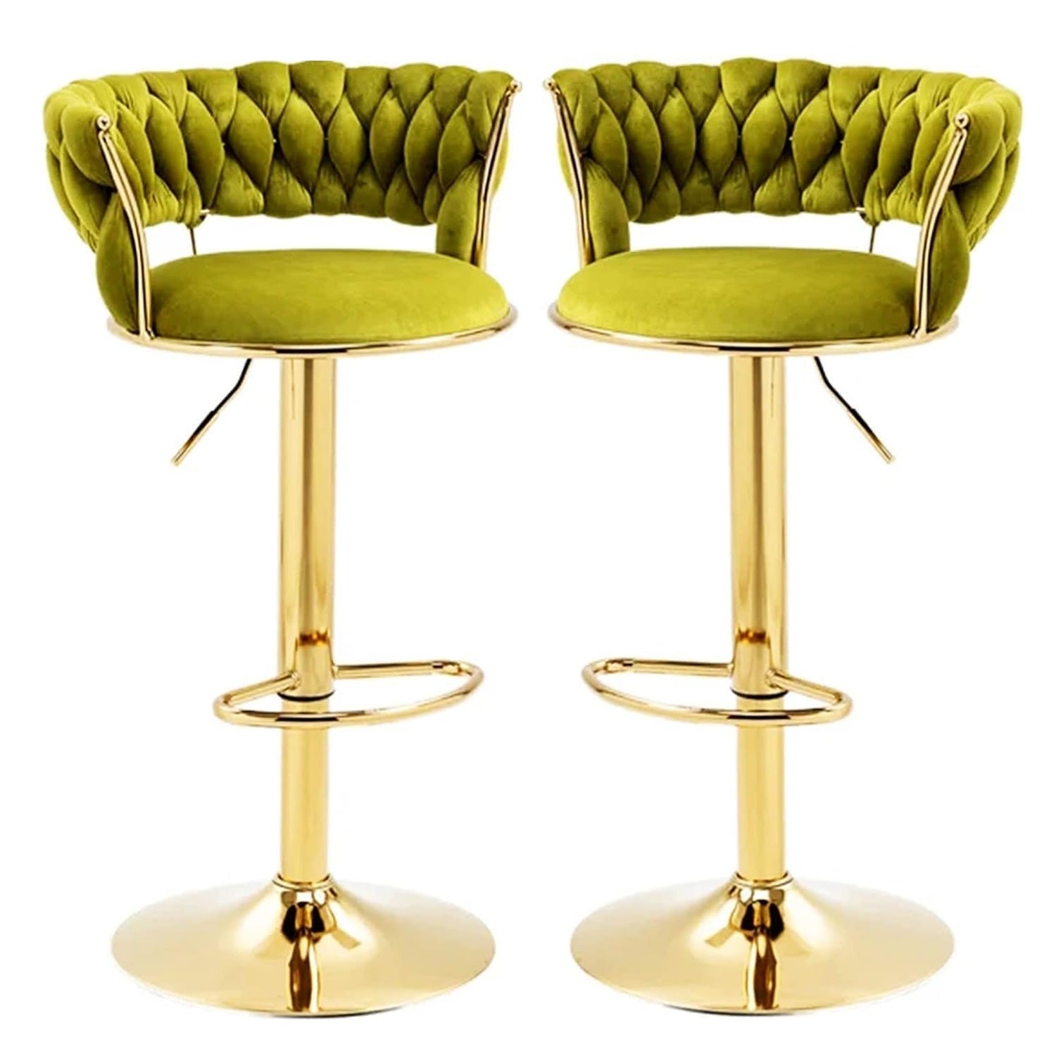 Table & Bar Stools: SERENITà 2x Height Adjustable Swivel Bar Stool Velvet Golden Base Barstools Chairs Padded Seat Olive Green