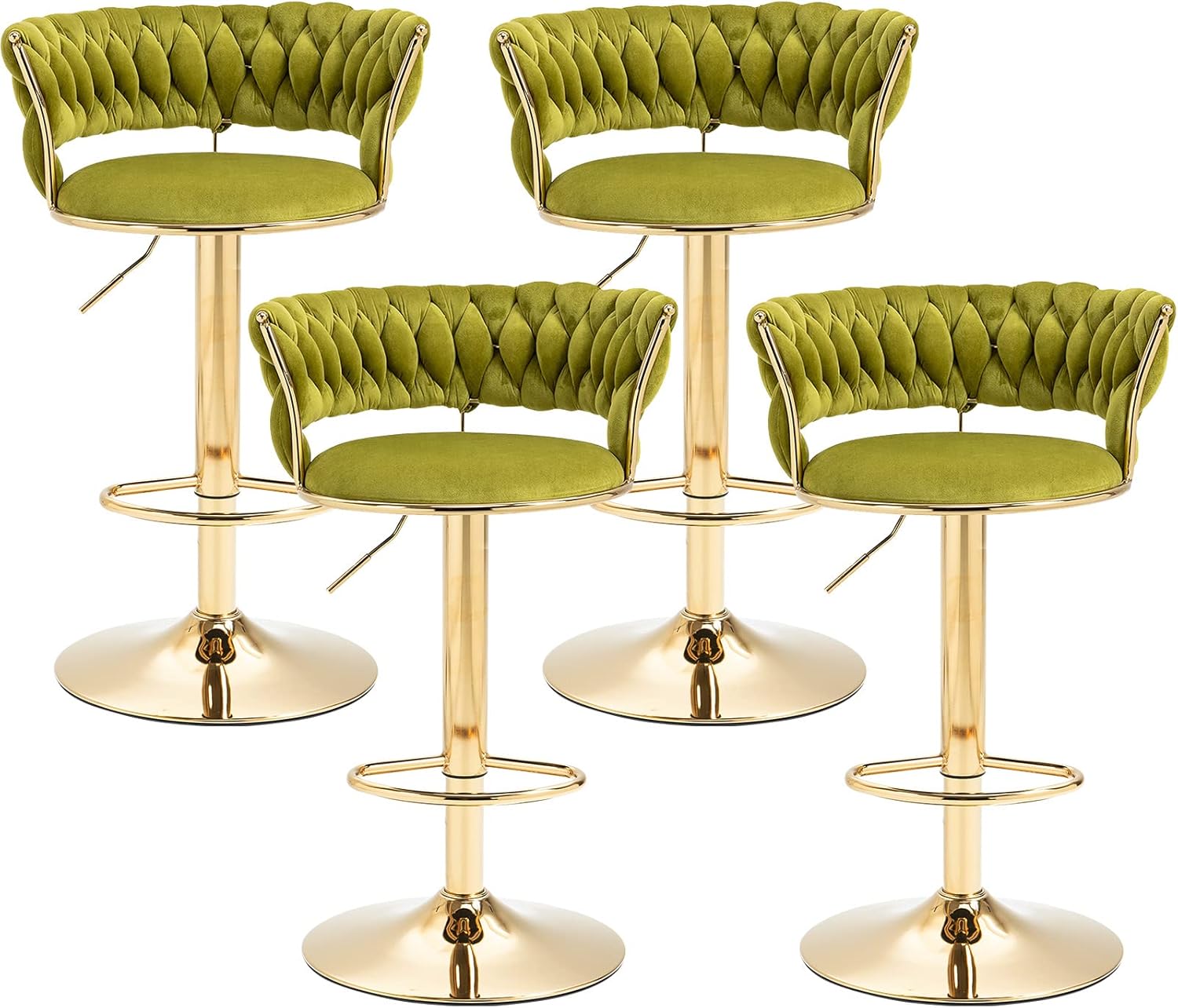 Table & Bar Stools: SERENITà 2x Height Adjustable Swivel Bar Stool Velvet Golden Base Barstools Chairs Padded Seat Olive Green