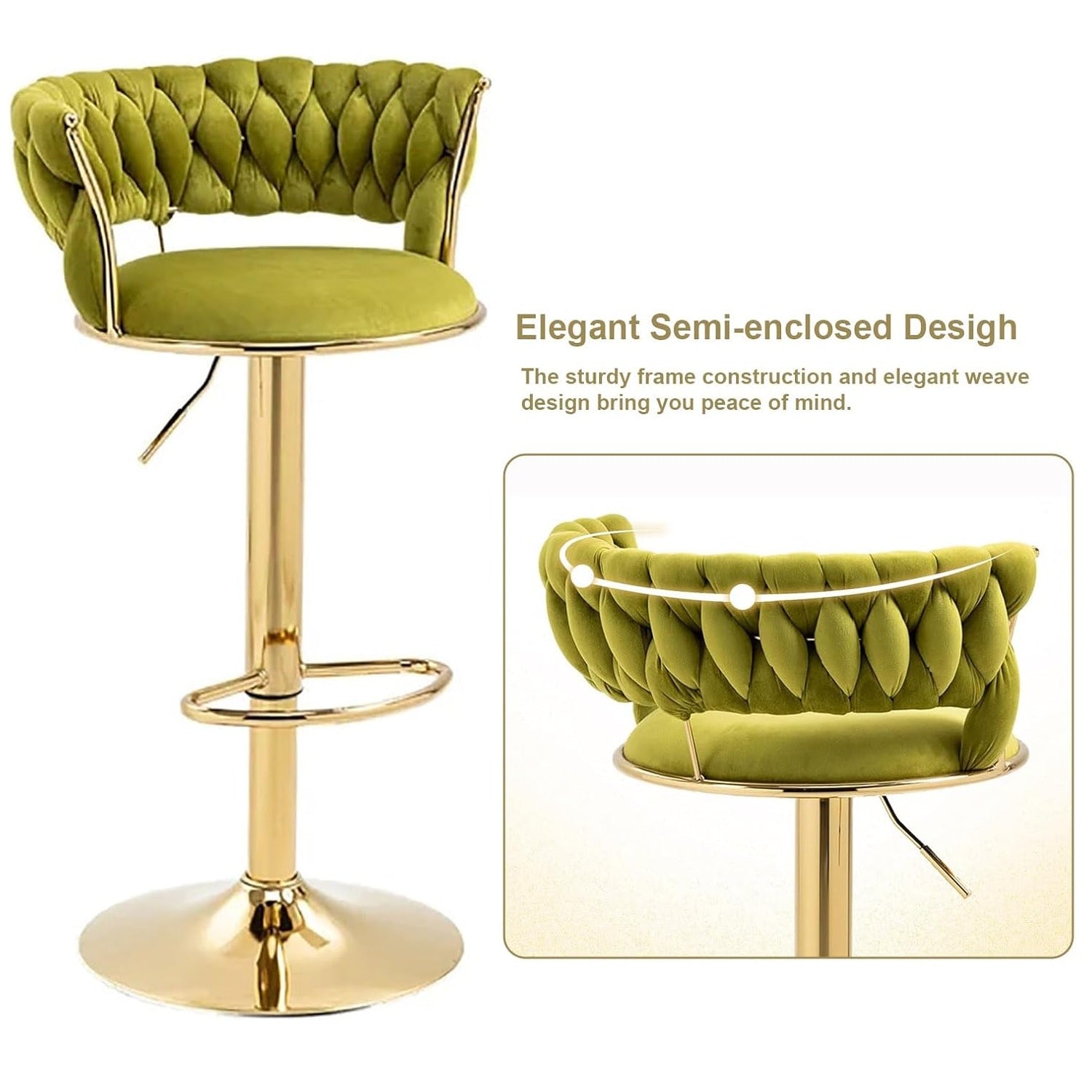 Table & Bar Stools: SERENITà 2x Height Adjustable Swivel Bar Stool Velvet Golden Base Barstools Chairs Padded Seat Olive Green