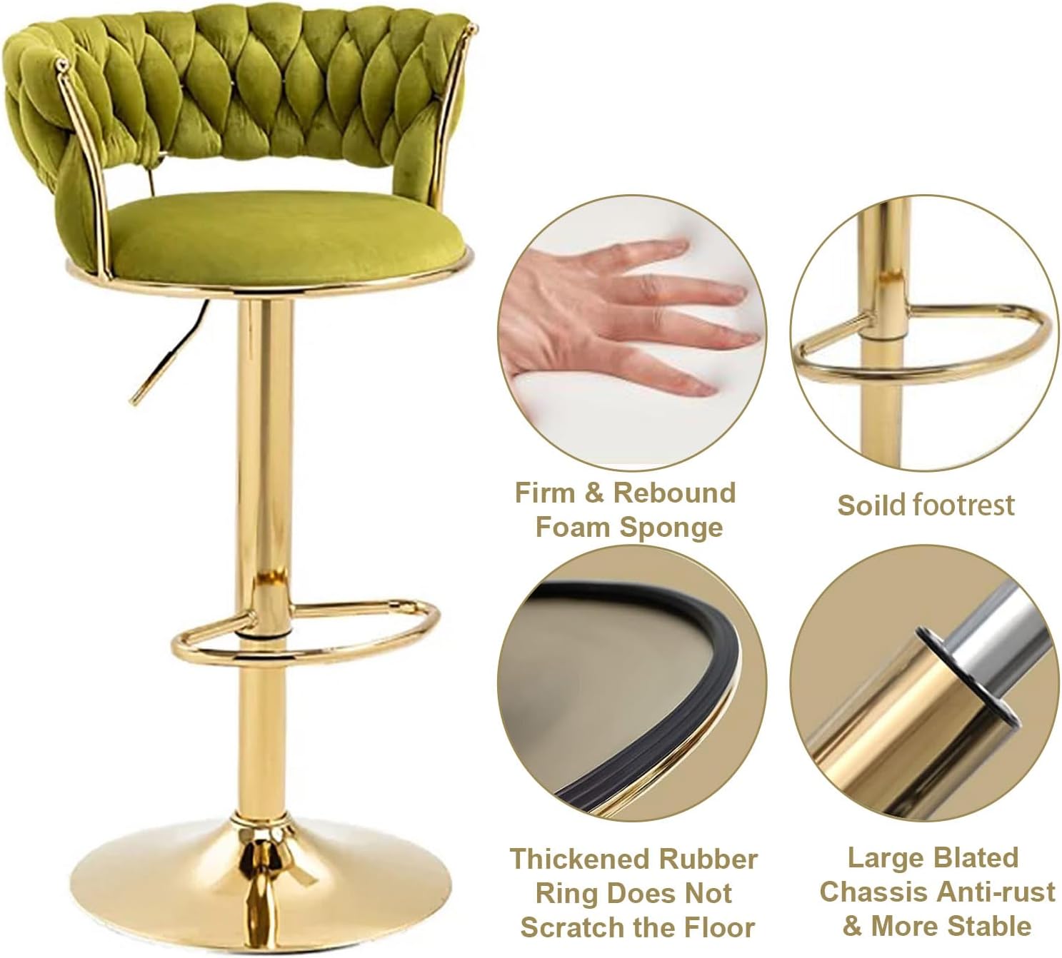Table & Bar Stools: SERENITà 2x Height Adjustable Swivel Bar Stool Velvet Golden Base Barstools Chairs Padded Seat Olive Green