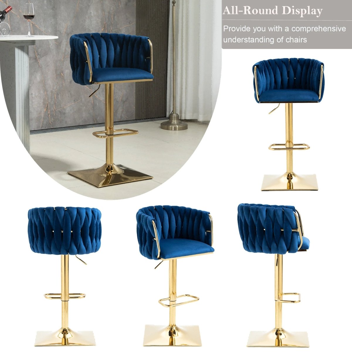 Table & Bar Stools: SERENITà Modern Velvet Breakfast Bar Stools Swivel Barstools Adjustable Counter Stools with Backrest Set of 2 Navy Blue