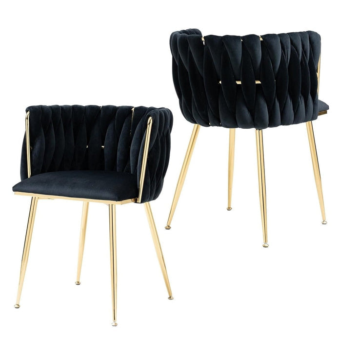 Kitchen & Dining Chairs: SERENITà Black Modern Hand Weaving Dining Chairs,Velvet Upholstered Side Chairs with Gold Legs, Chic Vanity Chairs with Armrest, Accent Chair for Dining Room, and Cafe Set of 2