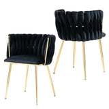 Kitchen & Dining Chairs: SERENITà Black Modern Hand Weaving Dining Chairs,Velvet Upholstered Side Chairs with Gold Legs, Chic Vanity Chairs with Armrest, Accent Chair for Dining Room, and Cafe Set of 2