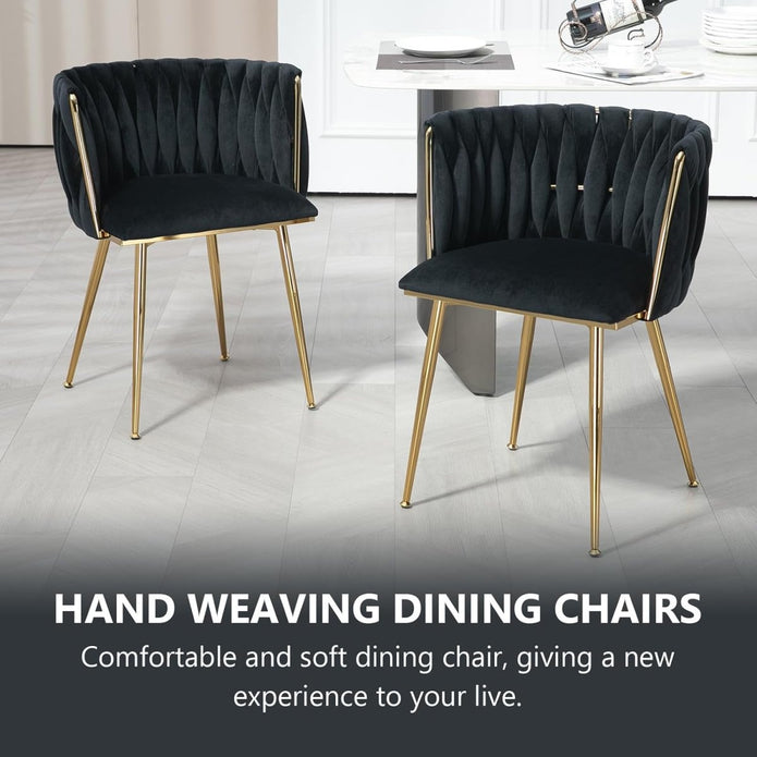 Kitchen & Dining Chairs: SERENITà Black Modern Hand Weaving Dining Chairs,Velvet Upholstered Side Chairs with Gold Legs, Chic Vanity Chairs with Armrest, Accent Chair for Dining Room, and Cafe Set of 2